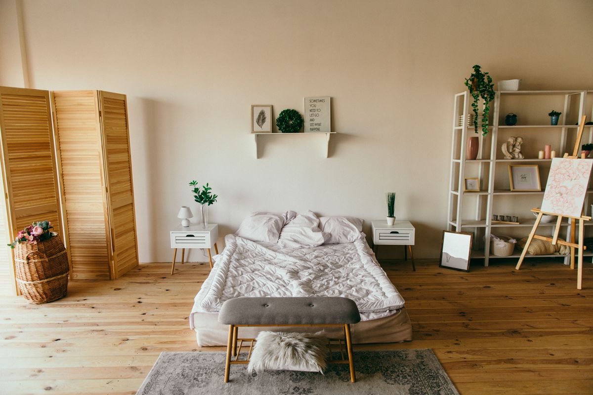 Calm bedroom furnished with practical storage